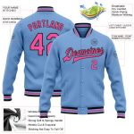 Custom Team Name Number Varsity Jacket Light Blue Pink Black Bomber Full-Snap Letterman Personalized Light Blue Pink-Black