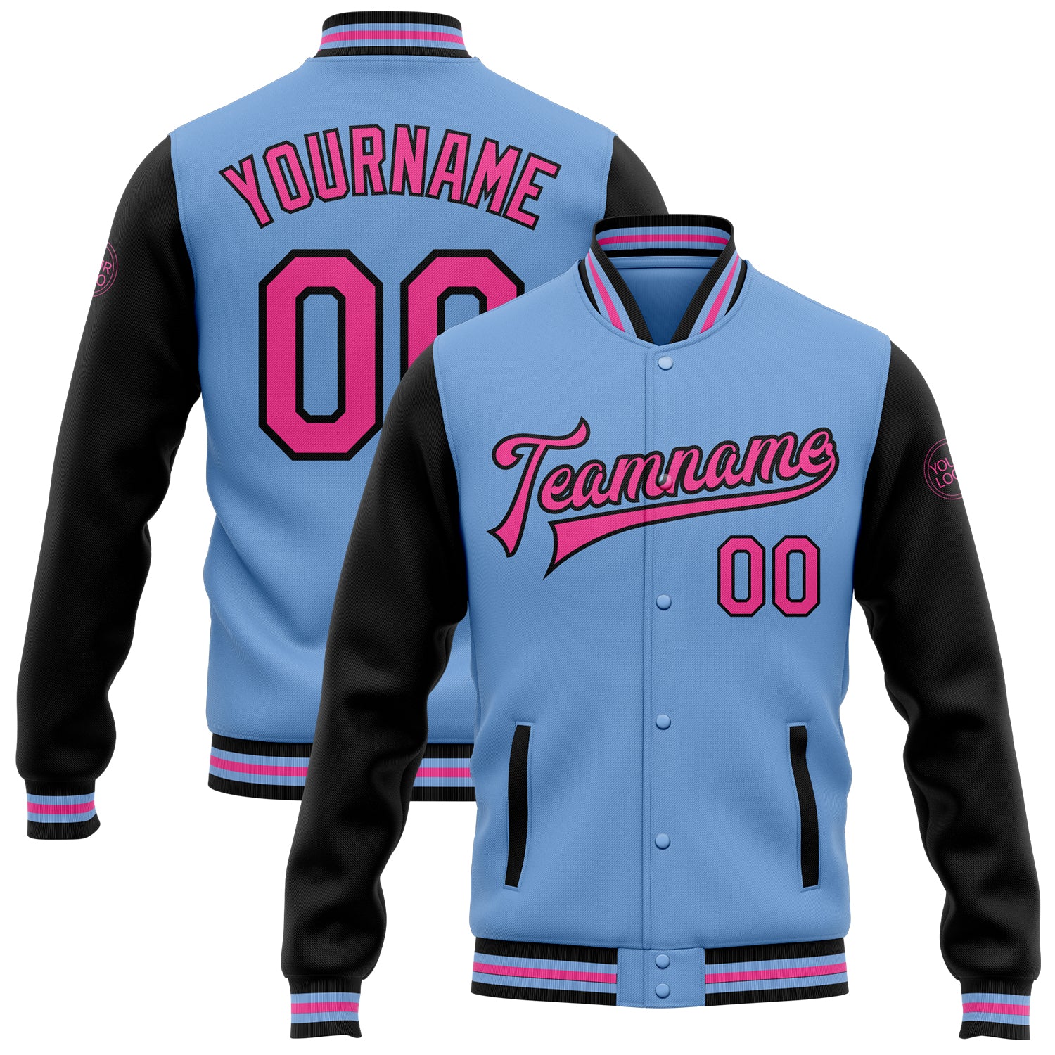 Personalized Two Tone Bomber Jacket Light Blue Pink Black Full-Snap Varsity Letterman Personalized Light Blue Pink-Black