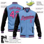 Personalized Two Tone Bomber Jacket Light Blue Pink Black Full-Snap Varsity Letterman Personalized Light Blue Pink-Black