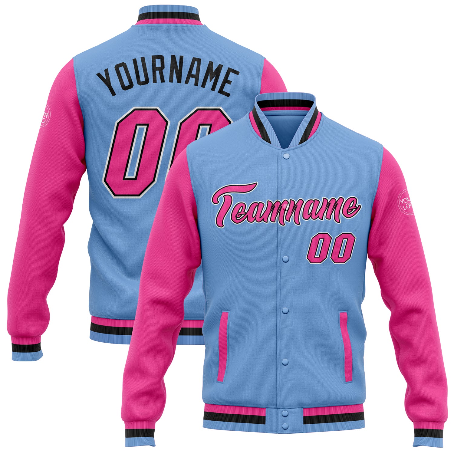 Custom Personalized Varsity Jacket with Name & Number - Light Blue Pink-Black Two Tone Bomber Full-Snap Design Personalized