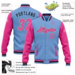 Custom Personalized Varsity Jacket with Name & Number - Light Blue Pink-Black Two Tone Bomber Full-Snap Design Personalized