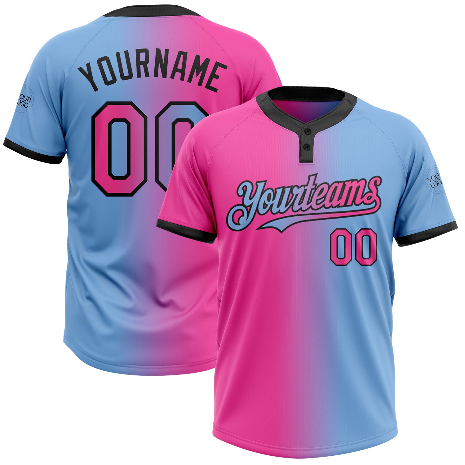 Custom Name and Number Unisex Softball Jersey - Light Blue Pink-Black Gradient Fashion Two-Button Design Personalized Light