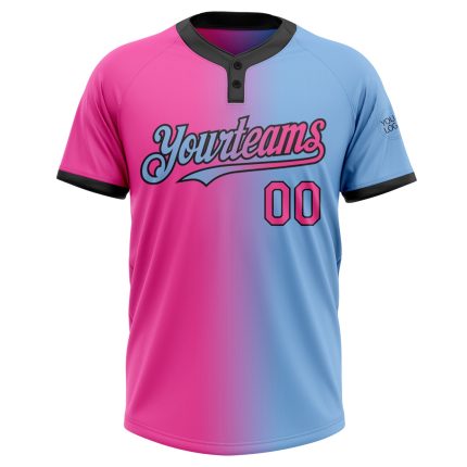 Custom Name and Number Unisex Softball Jersey - Light Blue Pink-Black Gradient Fashion Two-Button Design Personalized Light