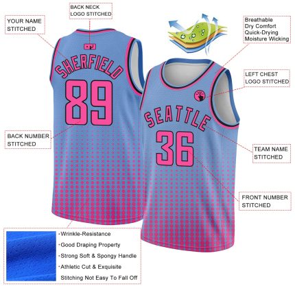 Personalized Basketball Jersey with Custom Name & Number, Light Blue Pink-Black Halftone, Authentic City Edition Personalized