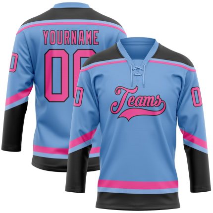 Customizable Light Blue Pink Black Hockey Jersey with Lace Neck - Personalize Name & Number Personalized Light Blue Pink-Black