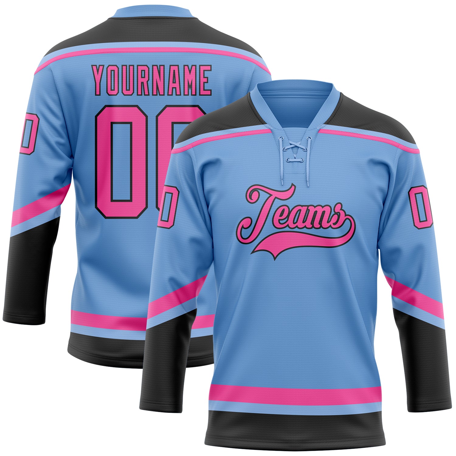 Customizable Light Blue Pink Black Hockey Jersey with Lace Neck - Personalize Name & Number Personalized Light Blue Pink-Black