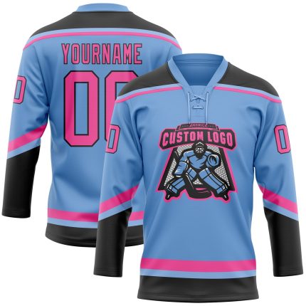 Customizable Light Blue Pink Black Hockey Jersey with Lace Neck - Personalize Name & Number Personalized Light Blue Pink-Black