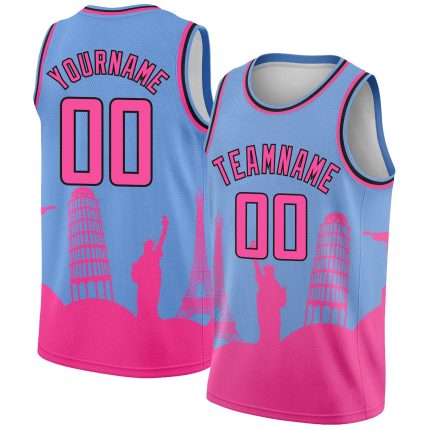 Custom Name and Number Basketball Jersey - Light Blue Pink Black Holiday Monuments Silhouette City Edition Personalized Light