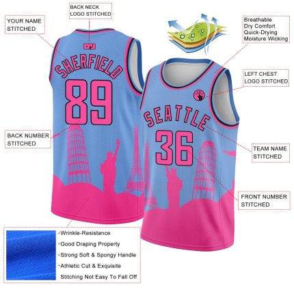 Custom Name and Number Basketball Jersey - Light Blue Pink Black Holiday Monuments Silhouette City Edition Personalized Light
