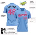 Custom Name and Number Golf Polo Shirt - Pink-Black Light Blue Performance Vapor Design Personalized Light Blue Pink-Black