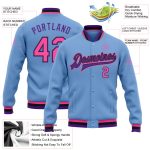 Custom Varsity Letterman Jacket for Team - Personalized Light Blue Pink Black Purple Full-Snap Bomber with Name & Number