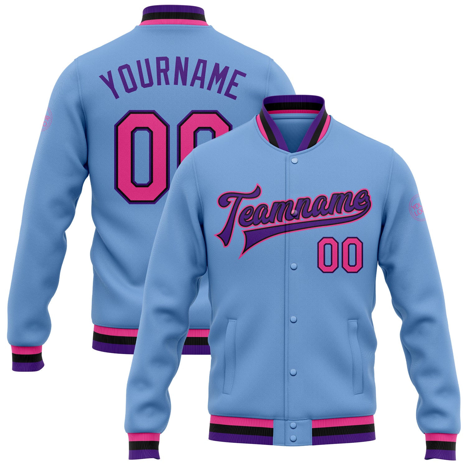 Custom Varsity Letterman Jacket for Team - Personalized Light Blue Pink Black Purple Full-Snap Bomber with Name & Number