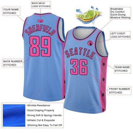 Custom Personalized Basketball Jersey - Light Blue Pink-Black Abstract Lines, Authentic City Edition, Custom Name & Number