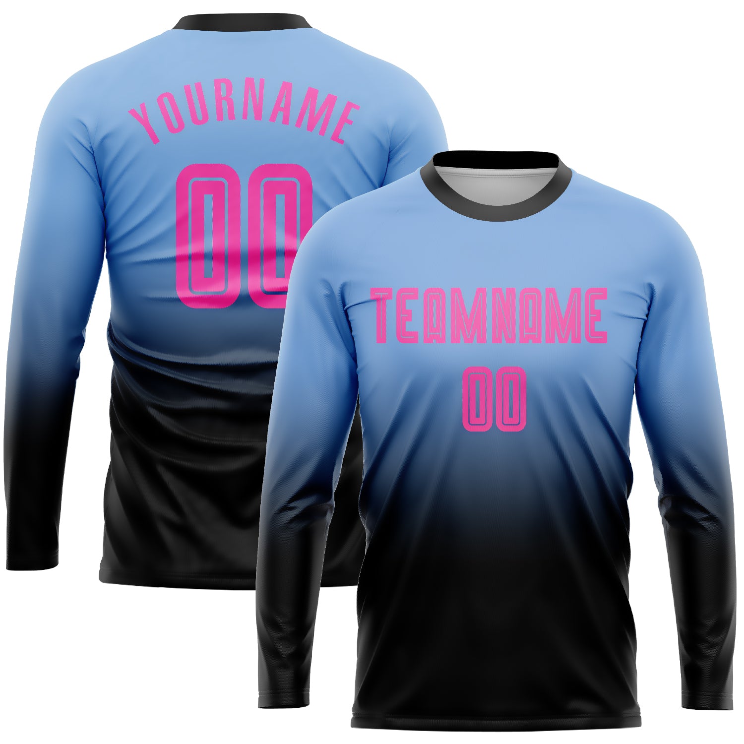 Customizable Soccer Jersey with Pink-Black Fade, Light Blue Long Sleeve, Personalized Name and Number, Team Uniform Personalized