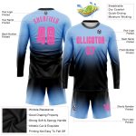 Customizable Soccer Jersey with Pink-Black Fade, Light Blue Long Sleeve, Personalized Name and Number, Team Uniform Personalized