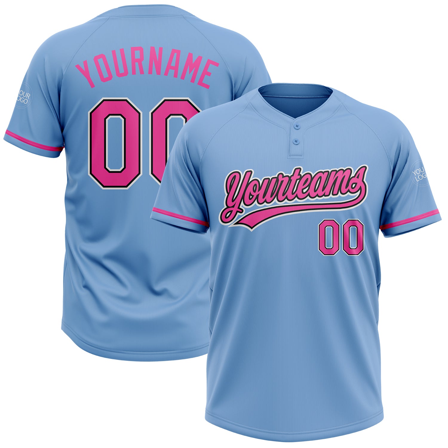 Custom Two-Button Light Blue Pink-Black Unisex Softball Jersey with Name and Number - Personalized Team Apparel Personalized