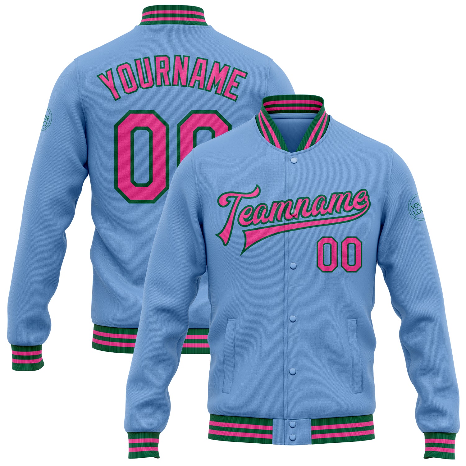 Custom Team Name Number Varsity Jacket Light Blue Pink Kelly Green Bomber Full-Snap Personalized Light Blue Pink-Kelly Green