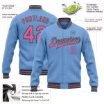 Custom Team Name Number Varsity Jacket Light Blue Pink Kelly Green Bomber Full-Snap Personalized Light Blue Pink-Kelly Green