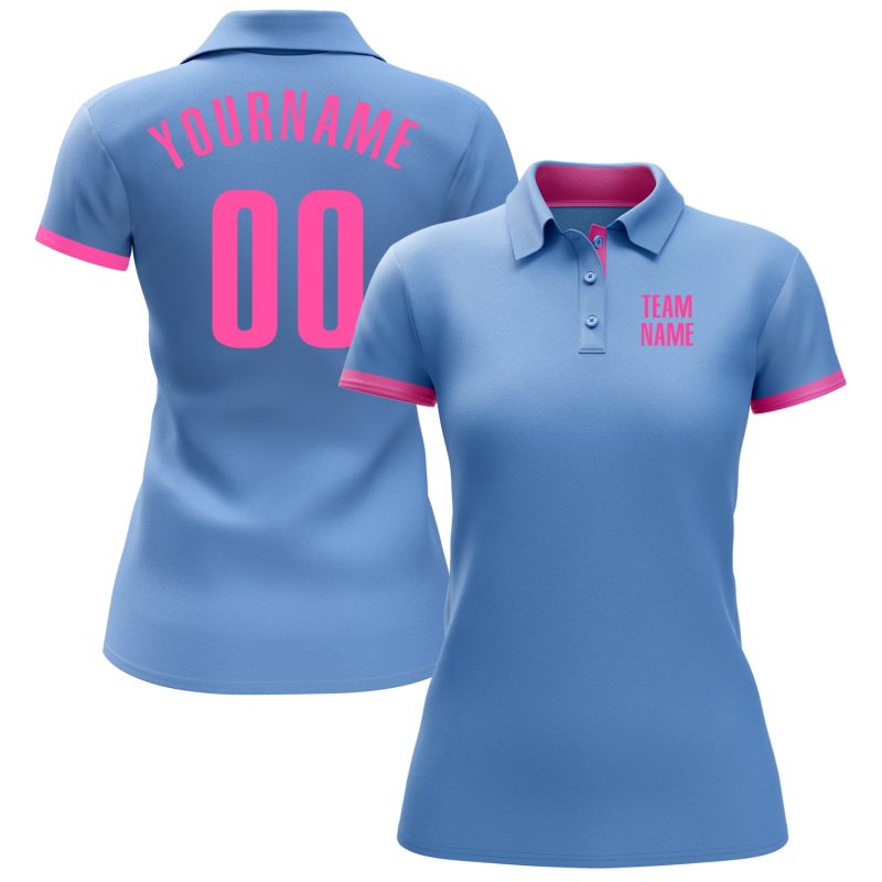 Custom Name and Number Light Blue Pink Performance Golf Polo Shirt - Personalized Team Apparel Personalized Light Blue Pink