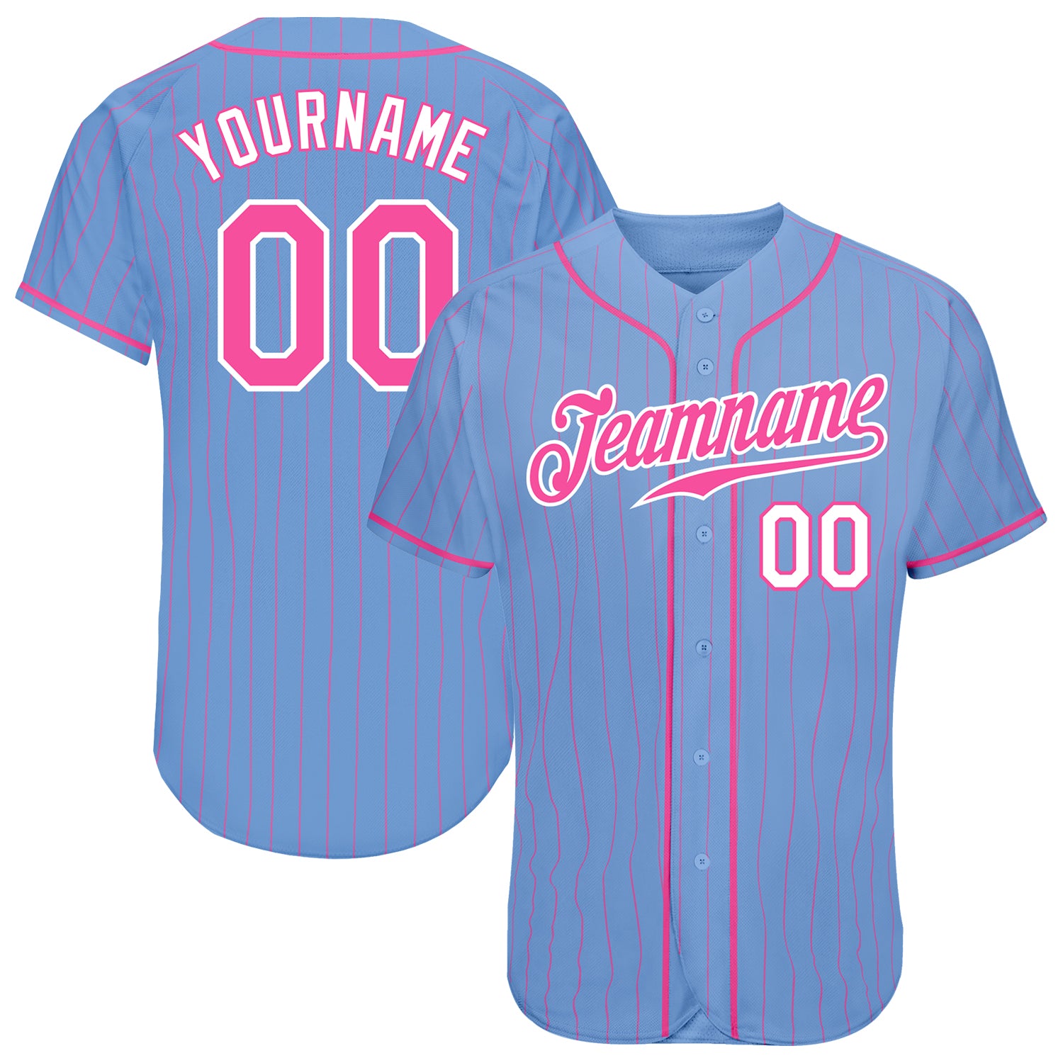 Custom Team Baseball Jersey - Personalized Light Blue Pink Pinstripe with Name and Number - Authentic Design Personalized
