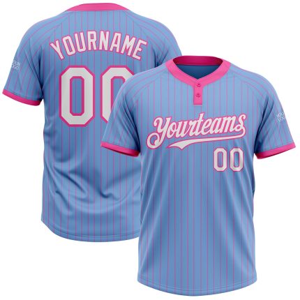 Custom Softball Jersey with Team Name and Number, Light Blue Pink Pinstripe, Unisex, Two-Button, Soft Fabric Personalized