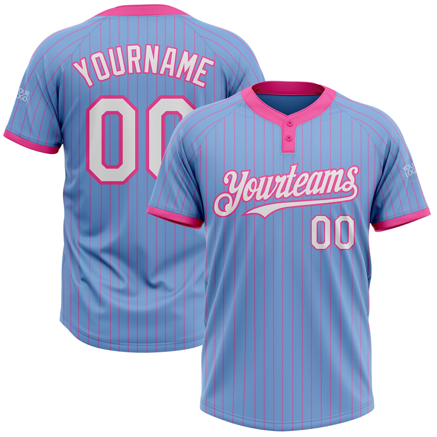 Custom Softball Jersey with Team Name and Number, Light Blue Pink Pinstripe, Unisex, Two-Button, Soft Fabric Personalized