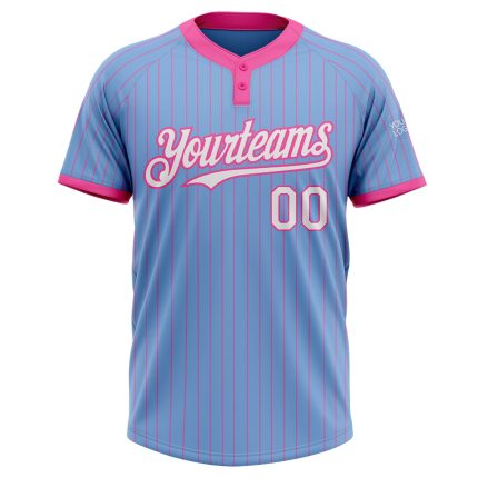 Custom Softball Jersey with Team Name and Number, Light Blue Pink Pinstripe, Unisex, Two-Button, Soft Fabric Personalized
