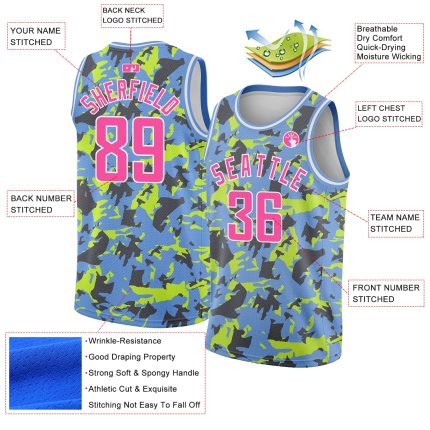Custom Name Number Basketball Jersey - Personalized 3D Grunge Art Design in Light Blue Pink White Colors Personalized Light