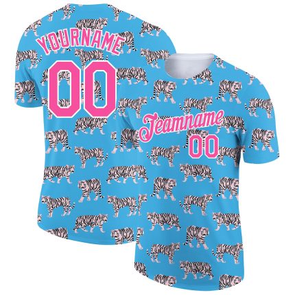 Custom Name and Number Tiger Performance T-Shirt - Personalized 3D Light Blue Pink-White Design Personalized Light Blue Pink-White