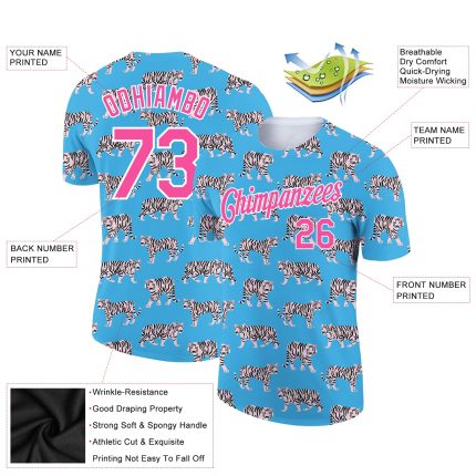 Custom Name and Number Tiger Performance T-Shirt - Personalized 3D Light Blue Pink-White Design Personalized Light Blue Pink-White