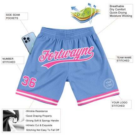 Personalized Light Blue Pink White Basketball Shorts for Men - Authentic Throwback Style Personalized Light Blue Pink-White