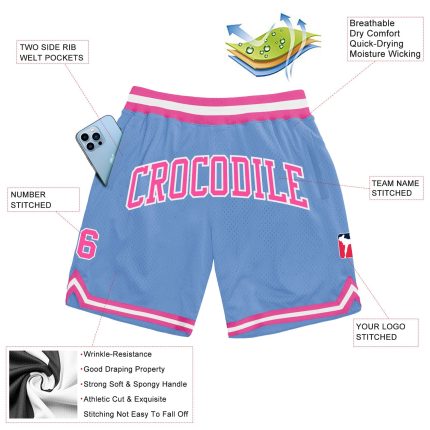 Custom Team Name Number Basketball Shorts Light Blue Pink White Authentic Throwback Personalized Light Blue Pink-White Authentic