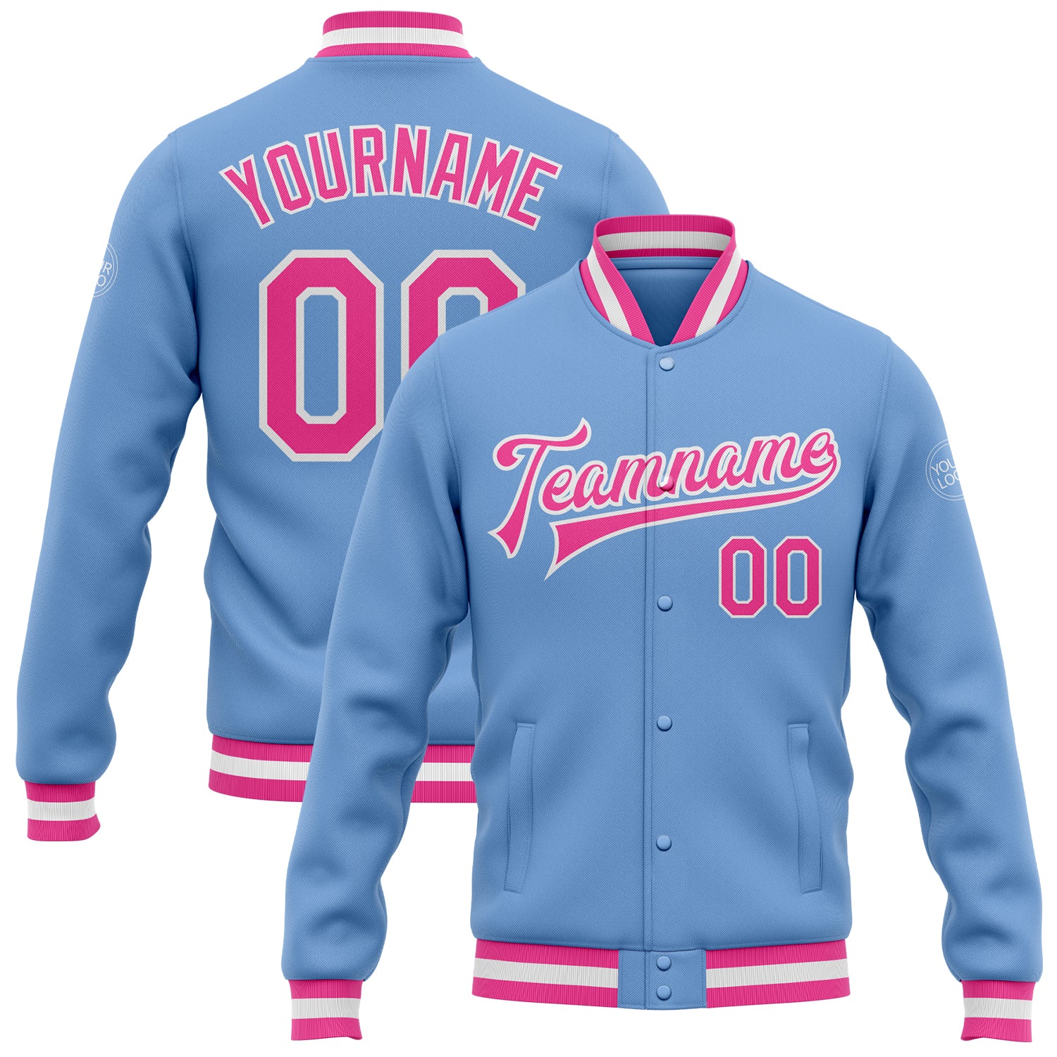 Personalized Light Blue Pink White Varsity Letterman Bomber Jacket Full-Snap Casual Outerwear Personalized Light Blue Pink-White