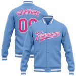 Custom Name and Number Varsity Letterman Jacket in Light Blue Pink-White Bomber Style Personalized Light Blue Pink-White