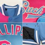 Custom Team Name Number Bomber Jacket Light Blue Pink White Varsity Full-Snap Fashion Split Design Personalized Light Blue