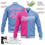 Custom Team Name Number Bomber Jacket Light Blue Pink White Varsity Full-Snap Fashion Split Design Personalized Light Blue