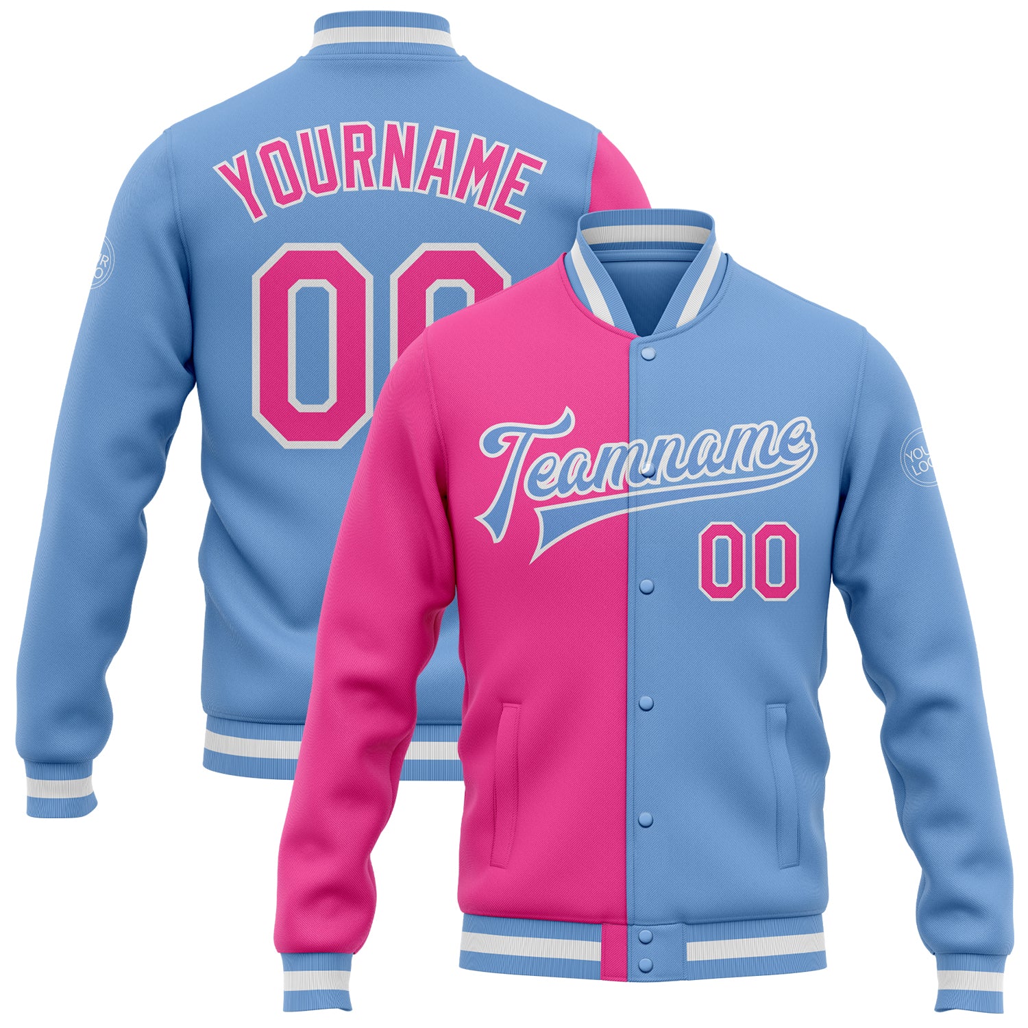 Custom Team Name Number Bomber Jacket Light Blue Pink White Varsity Full-Snap Fashion Split Design Personalized Light Blue
