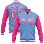 Custom Team Bomber Jacket - Personalized Light Blue Pink-White Varsity Letterman with Custom Name and Number Full-Snap Personalized