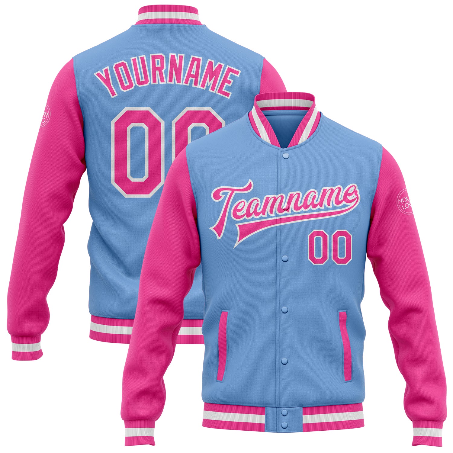 Custom Team Bomber Jacket - Personalized Light Blue Pink-White Varsity Letterman with Custom Name and Number Full-Snap Personalized