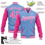 Custom Team Bomber Jacket - Personalized Light Blue Pink-White Varsity Letterman with Custom Name and Number Full-Snap Personalized