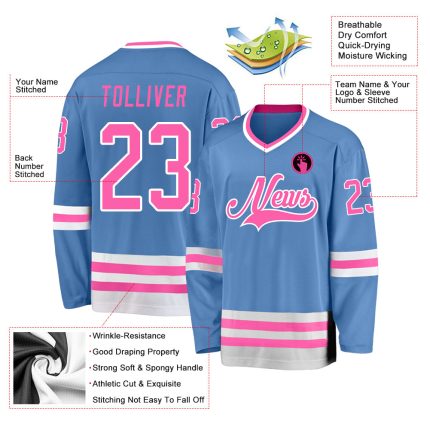 Custom Name and Number Light Blue Pink-White Hockey Jersey Personalized Team Apparel Personalized Light Blue Pink-White Hockey