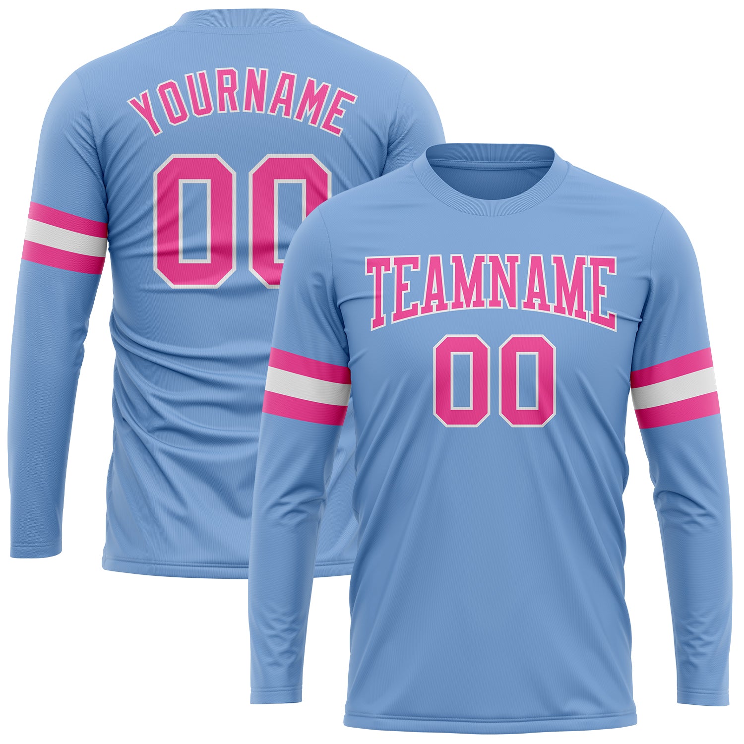 Custom Performance T-Shirt with Name and Number - Light Blue Pink-White Long Sleeve Team Shirt Personalized Light Blue Pink-White