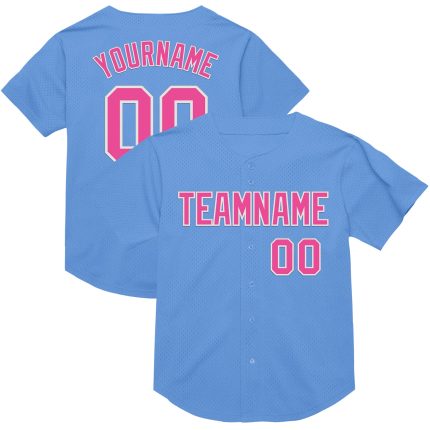 Personalized Light Blue Pink White Mesh Baseball Jersey - Authentic Throwback Style Personalized Light Blue Pink-White Mesh