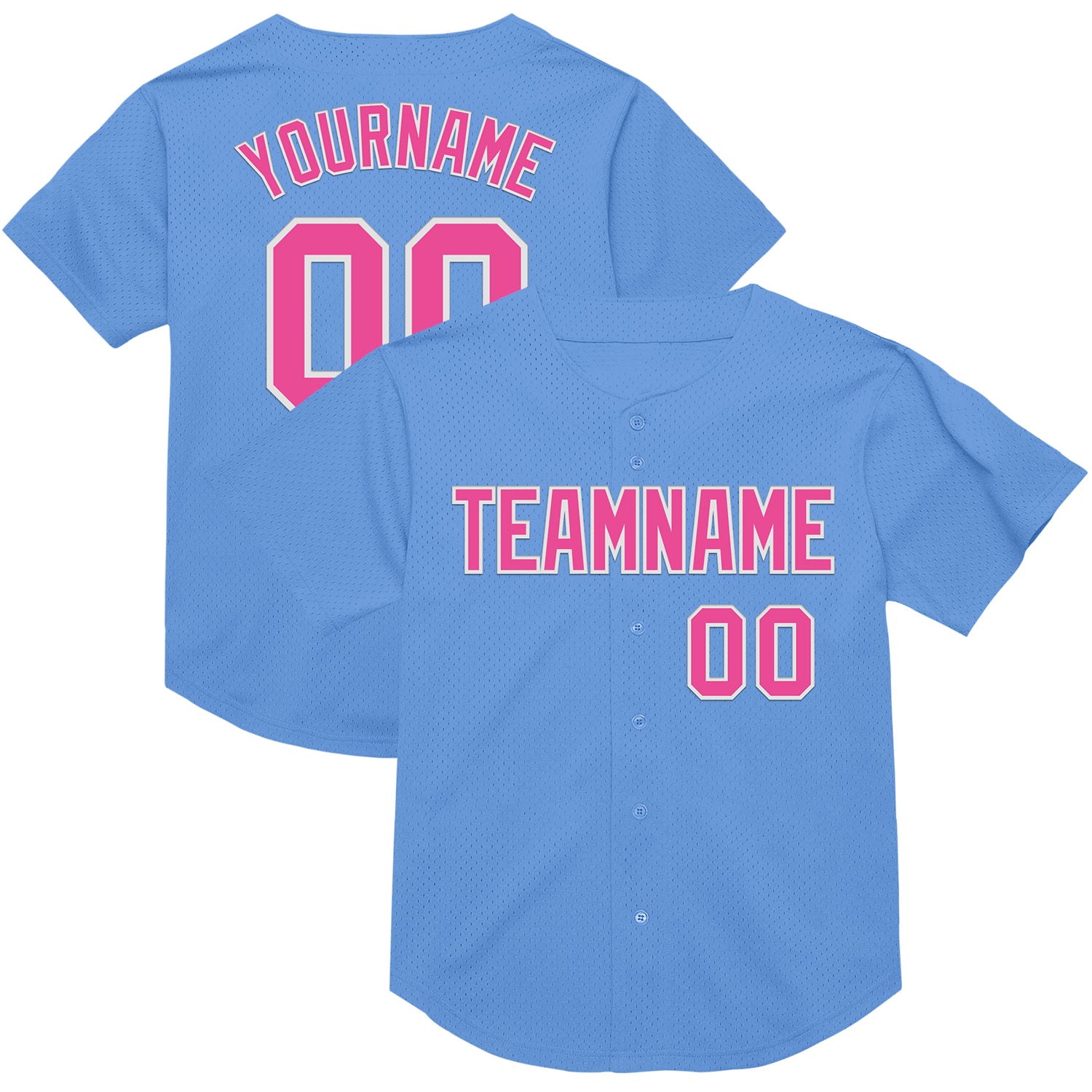 Personalized Light Blue Pink White Mesh Baseball Jersey - Authentic Throwback Style Personalized Light Blue Pink-White Mesh