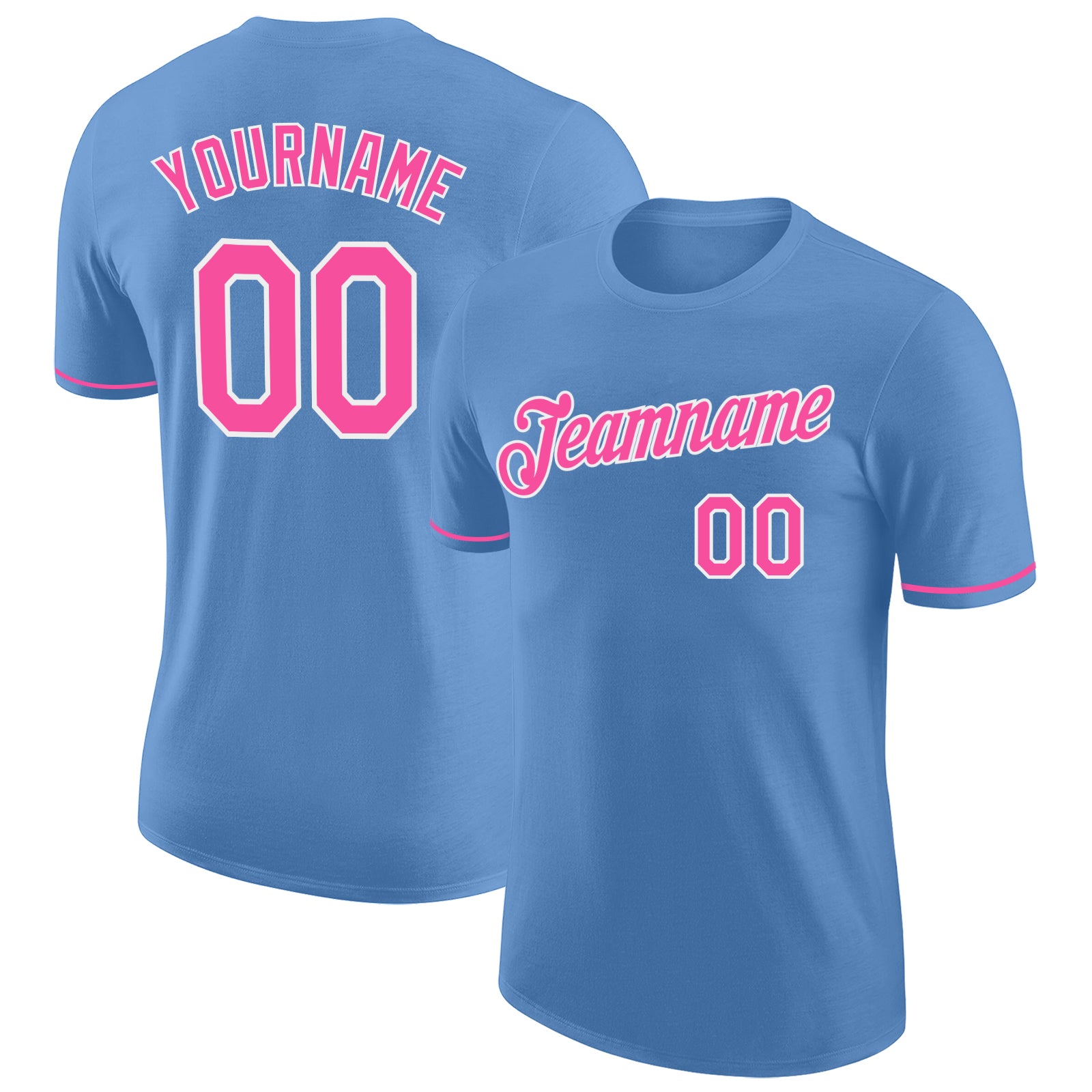 Custom Team Performance T-Shirt with Personalized Name and Number - Light Blue Pink-White Personalized Light Blue Pink-White