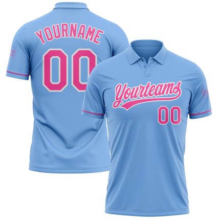 Custom Name and Number Light Blue Pink-White Vapor Golf Polo Shirt - Performance Team Apparel Personalized Light Blue Pink-White