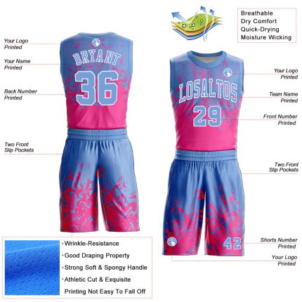 Custom Basketball Jersey with Personalized Name and Number, Light Blue Pink-White Round Neck Sublimation Suit Personalized