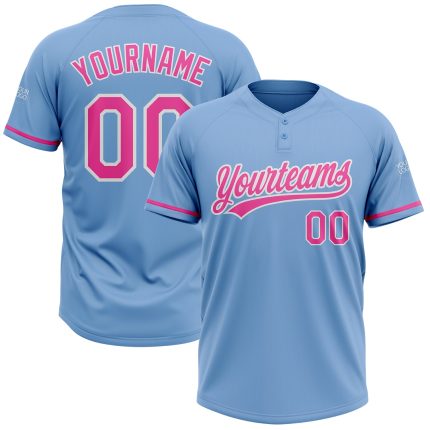 Personalized Unisex Softball Jersey in Light Blue and Pink-White, Two-Button Design Personalized Light Blue Pink-White Two-Button