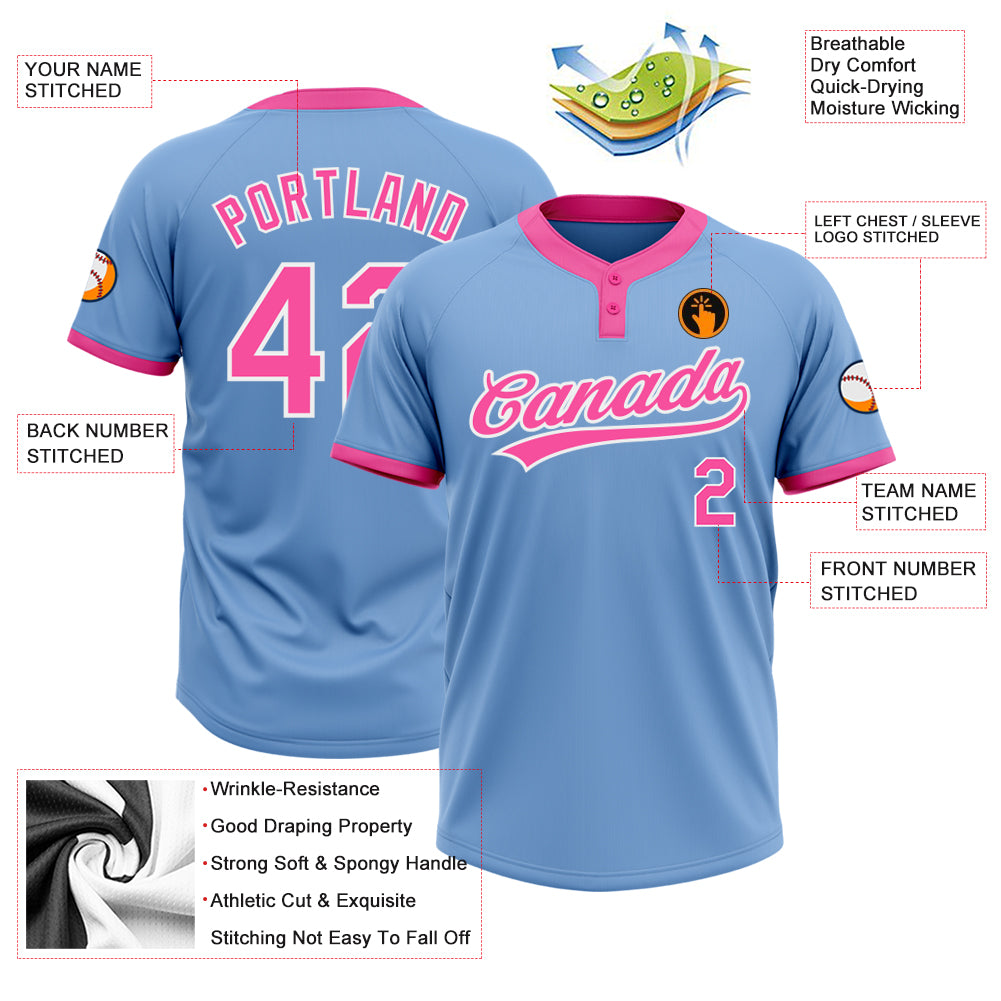 Personalized Light Blue Pink-White Two-Button Unisex Softball Jersey Team Custom Name and Number Custom Name and Number Softball Jersey Unisex Two-Button Light Blue Pink-White Personalized Light Blue Pink-White Two-Button - Image 3