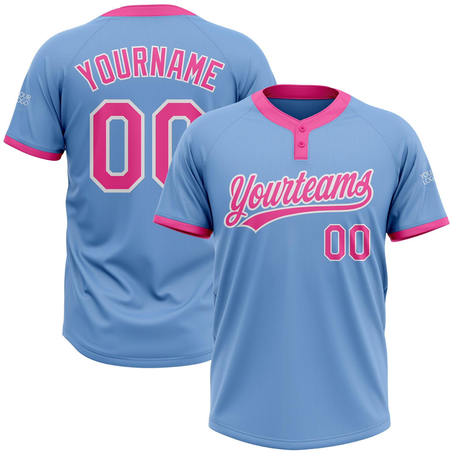 Custom Name and Number Softball Jersey Unisex Two-Button Light Blue Pink-White Personalized Light Blue Pink-White Two-Button